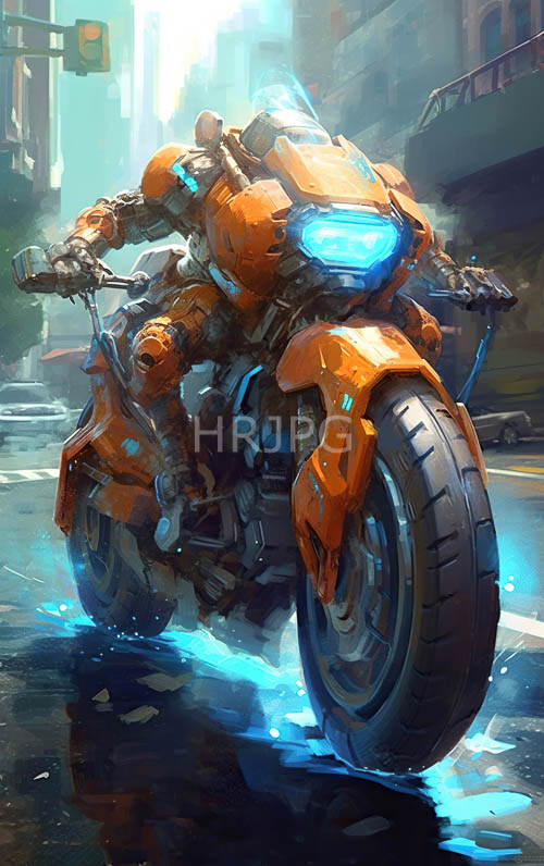 futuristic orange motorcycles carry humanoid robots through rain