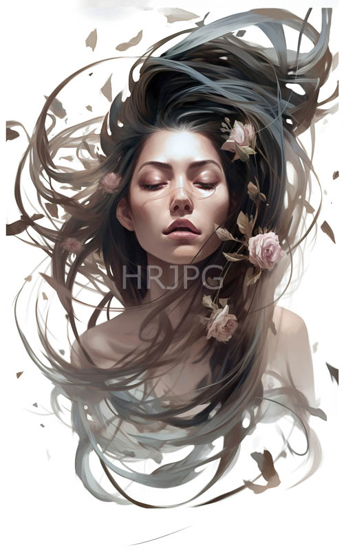 dreaming women with flowing hair hold pink roses