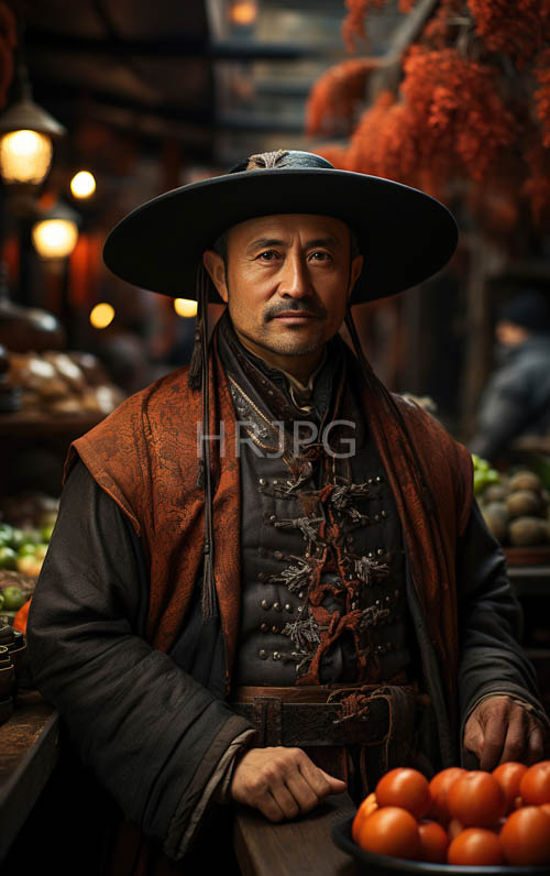 traditional leather armored men wear large brimmed hats
