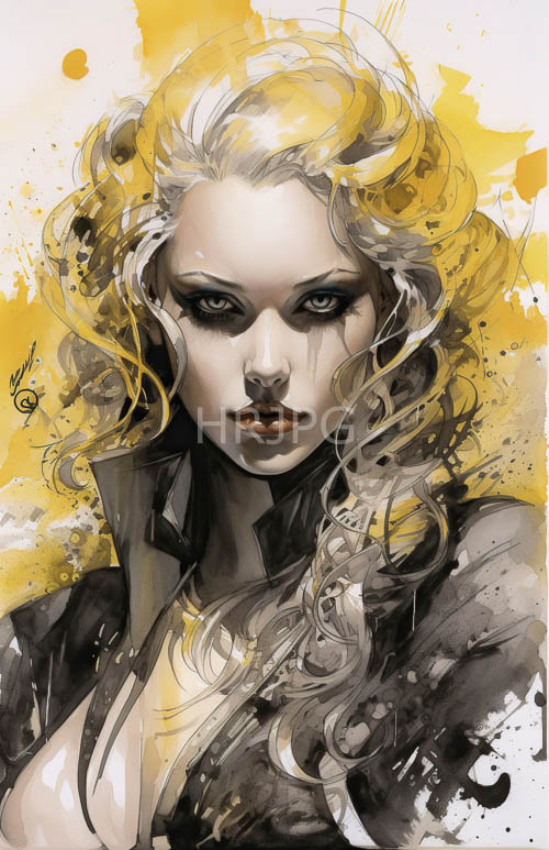 intense pale skinned women stand against splatter backgrounds