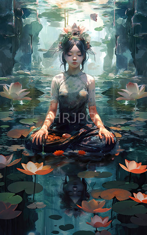 lotus crowned asian women sit upon pond lilies