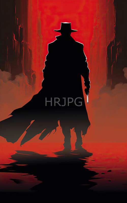 ominous silhouetted figures walk toward glowing red backgrounds