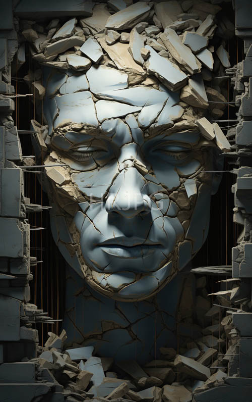 blue painted stone sculptures depict solemn male faces