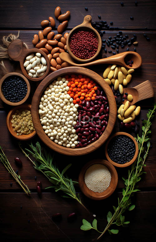 wooden bowls hold colorful beans upon dark tables