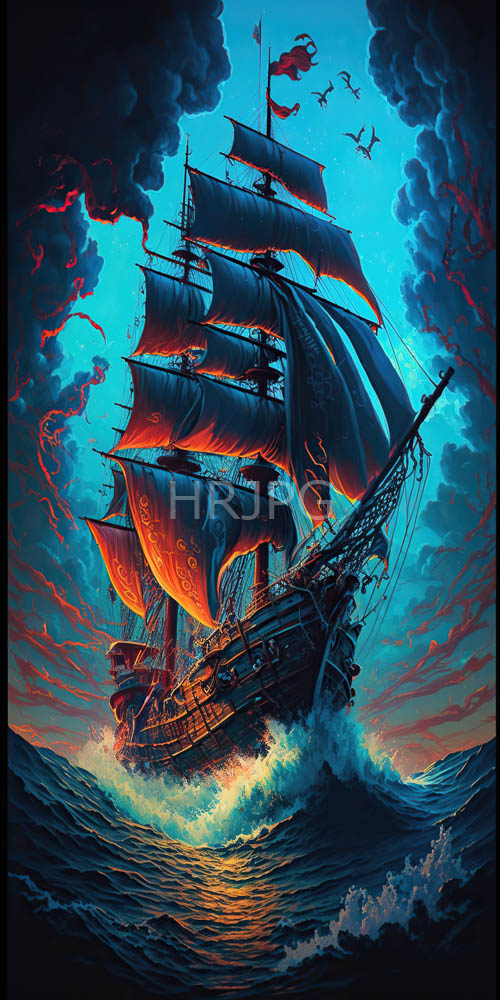 High Resolution: Deep-Toned Wooden Pirate Ships Navigate Turbulent Ocean Waves download. | HRJPG.com
