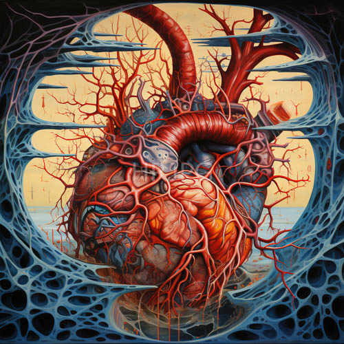 intricate composition human hearts encased blue web like structures yellow orange backdrops