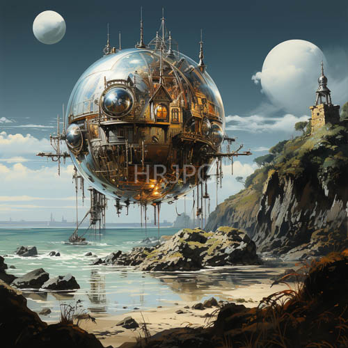 steampunk airship design juxtaposes intricate glass and metal components coastal cliffs