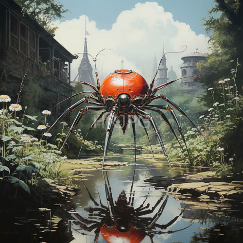 giant red insects perch on dewy pond water in lush garden surroundings