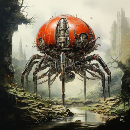 mechanical spiders amidst decaying gothic ruins in overgrown mistshrouded forest settings