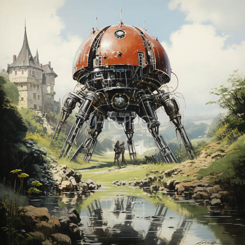 medieval castles meet futuristic robots in a sunlit idyllic countryside landscape