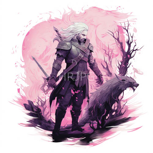 warriors stand beside fierce wolflike creatures on ancient dark forest roots amidst pink misty scenes