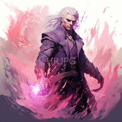 flames engulf intense whitehaired warriors in dark purple armor amidst fierce magenta inferno battlefield