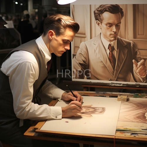 world war ii era artist at work in studio with periodaccurate attire and equipment