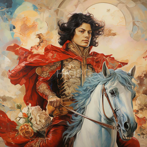High Resolution: Androgynous Warrior Rides Majestic White Horse Against Expansive Cloudy Sky Amidst Golden Armor download. | HRJPG.com