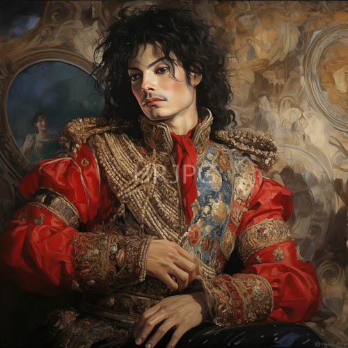 floral motifs accentuate curly black hair in luxurious baroque of handsome man in deep reds and gilded fabric