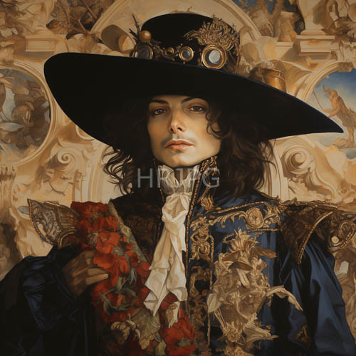 androgynous young man in opulent baroquestyle ensemble on velvet background