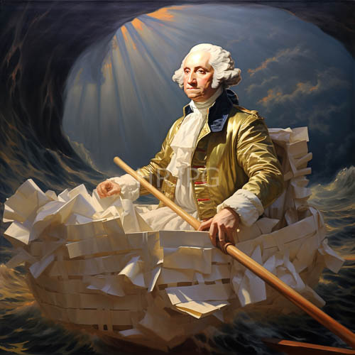 elderly figure navigates whimsical landscape of stacked paper boats under swirling light