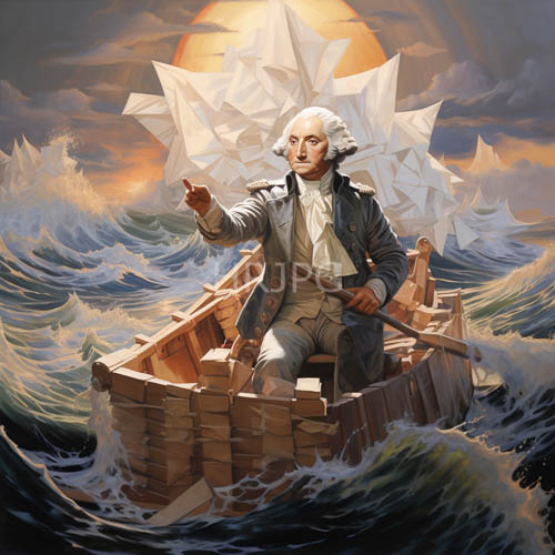 eighteenthcentury sailor navigates wooden boat through turbulent waves amidst geometric crystal structures