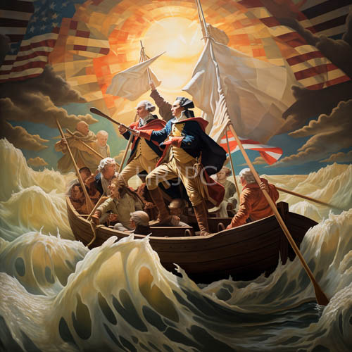 american revolutionary war soldiers navigate turbulent waves under stormy skies
