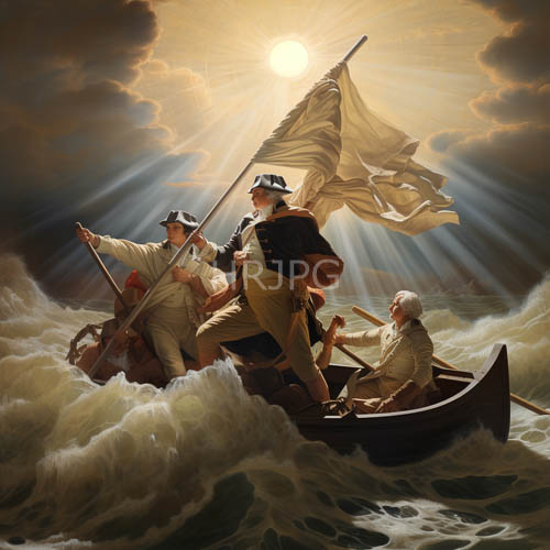 men in period attire navigate turbulent waters under sunlit skies