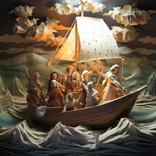 High Resolution: Ancient Wooden Boat Sails Across Turbulent Waters Under Cloudy Skies with Illuminated Figures download. | HRJPG.com