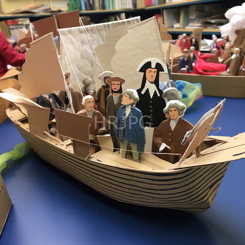 paper ship model craftsmanship on a blue wooden table under focused light