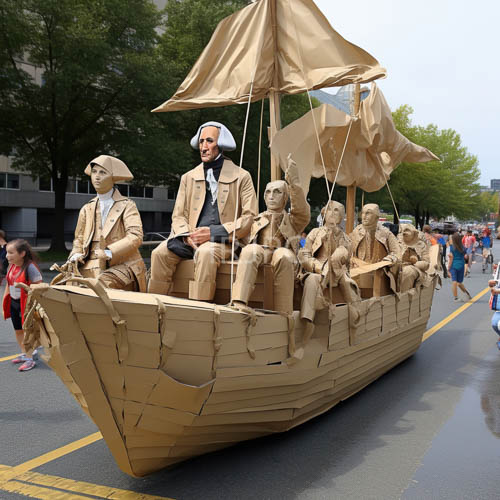 brown paper sailors navigate wooden ship parade floats under beige fabric sails in sunlit community celebration