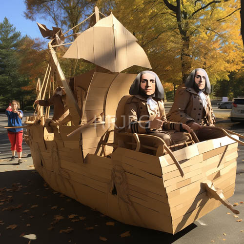 women in gray wigs and brown jackets recreate maritime theme in autumn setting with cardboard ship costumes