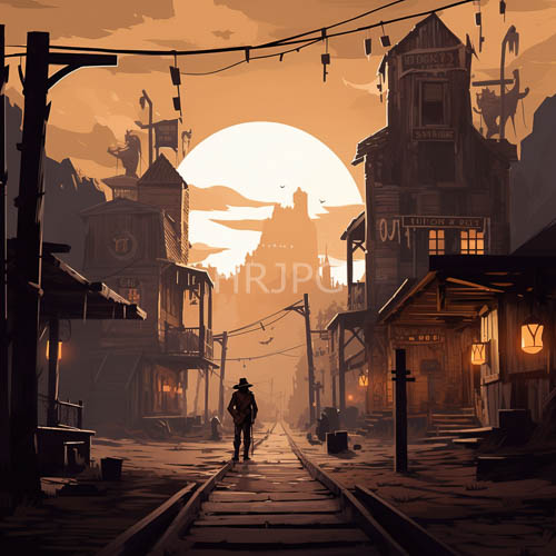 sunset over western town with silhouetted buildings and train tracks leading to mountains