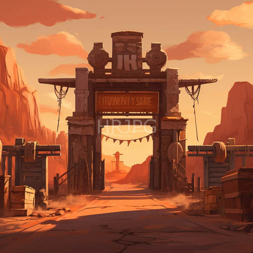 weathered stone gates stand sentinel in desert mountain sunset beneath a vast glowing orange sky