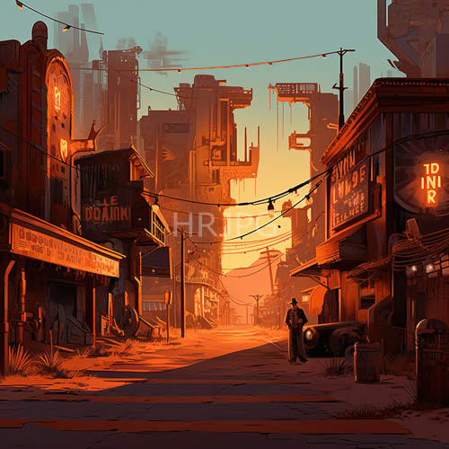 dystopian streets ablaze with sunset orange and red hues amidst crumbling urban decay