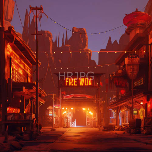 fantasy streets at dusk define the rugged town with neon lights and mysterious signage