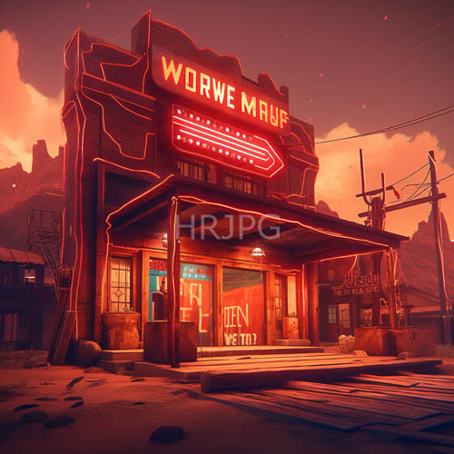 High Resolution: Faded Marquee Lights Cast Eerie Glow on Desert Sunsets Edge Amidst Abandoned Cinema download. | HRJPG.com