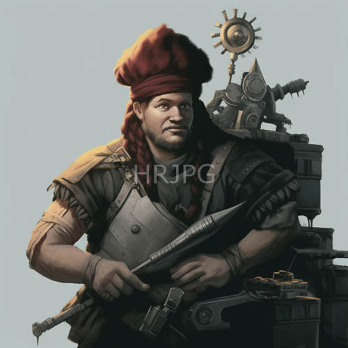 black warrior with braided red hair wears fur hat and brown leather armor