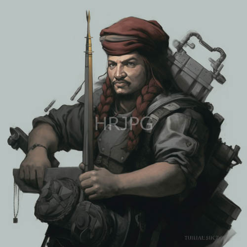 bearded men command attention in of muscular figure with red braids and turban