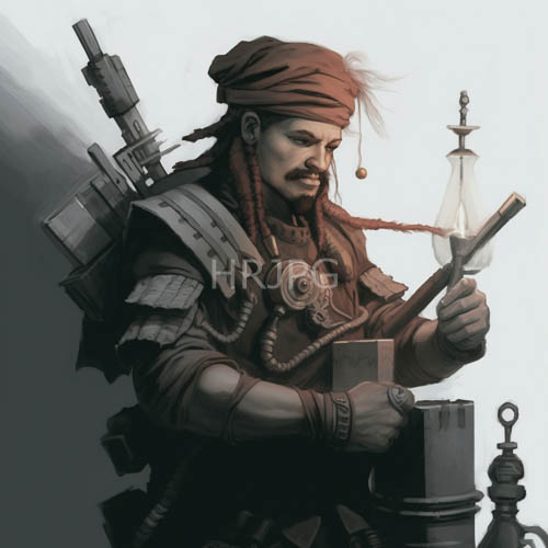 armored figure with braided red hair and brown turban holds incense sticks amidst mechanical tools in layered armor