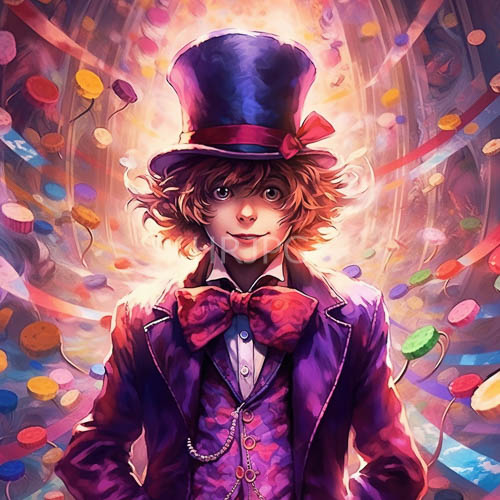 curly haired children wearing tall blue top hats and colorful suits amidst floating confetti in celebratory light