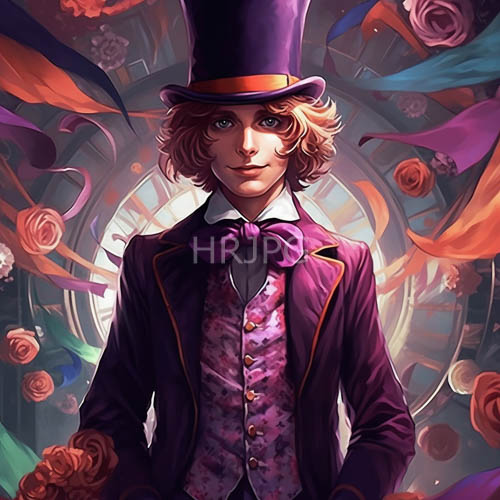 androgynous figure with wavy locks amidst clockwork floral patterns in a whimsical timeless setting