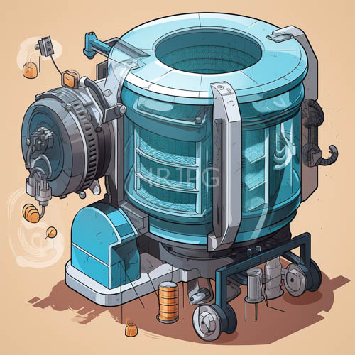 industrial device with multiple pipes and gears inside its body on beige background