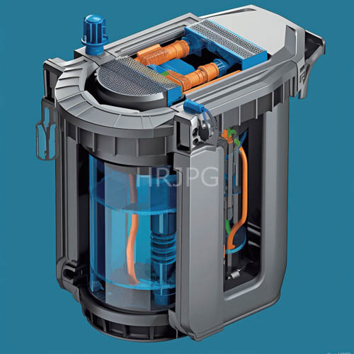 cylindrical devices reveal blue liquid and orange tubing through transparent glass panels in industrial setting under ambient light