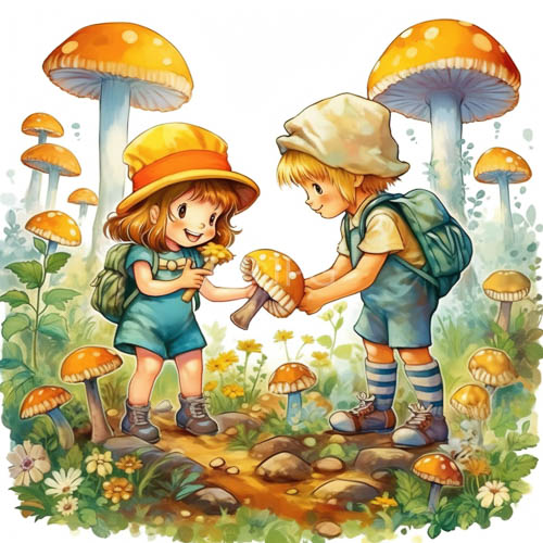 High Resolution: Bright wildflower petals surround towering mushrooms near curious young boys download. | HRJPG.com