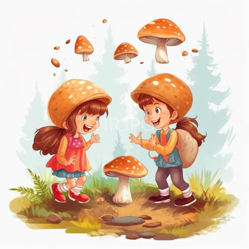 sunlight filters through pine needles onto giant orange mushroom caps
