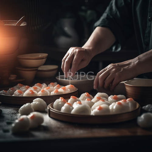traditional asian dumpling makers demonstrate delicacy on a rustic wooden table