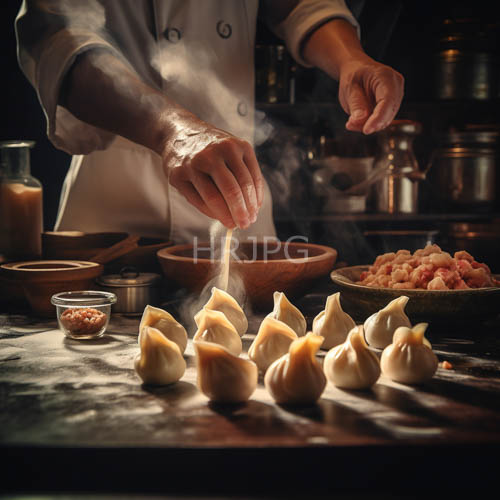 warm overhead lights illuminate ceramic bowls holding steaming dough dumplings