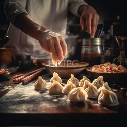chef drizzling melted butter over steamed dumplings in a welllit professional kitchen setting