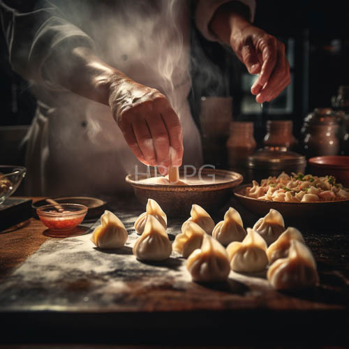 High Resolution: Elderly Asian Chef Craftsmanship in Traditional Dumpling Making Folds and Textures download. | HRJPG.com