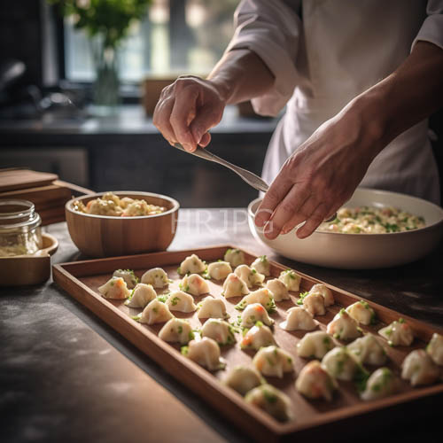 hands placing dumplings onto wooden trays in professional kitchen setting with natural light