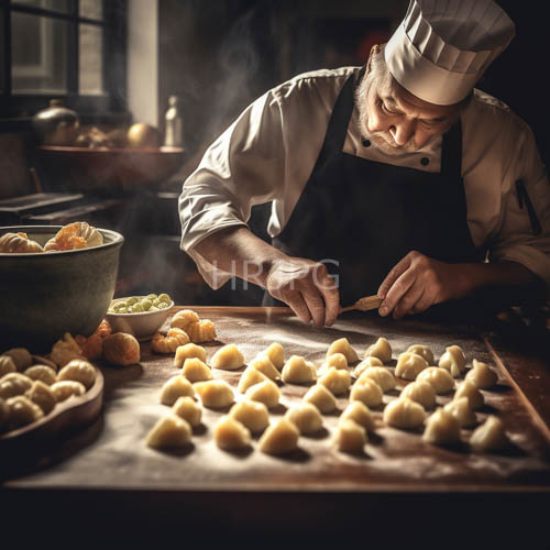 older male chef arranging small dumplings under natural window light