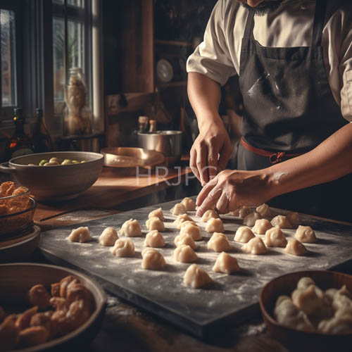 High Resolution: Sunlight streams across flour covered tables where dough gets shaped download. | HRJPG.com