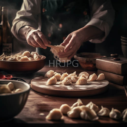 crafting artisanal dumplings on wooden boards under dim kitchen lighting
